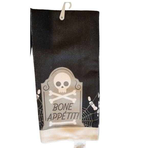 Halloween Kitchen Towels BONE Appetit Skull & Crossbones on Tombstone Web Set 2 - Picture 3 of 8